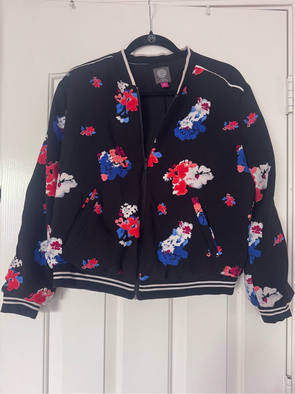 Vince Camuto Black Bomber Jacket with Red, Blue & White Floral Print size M